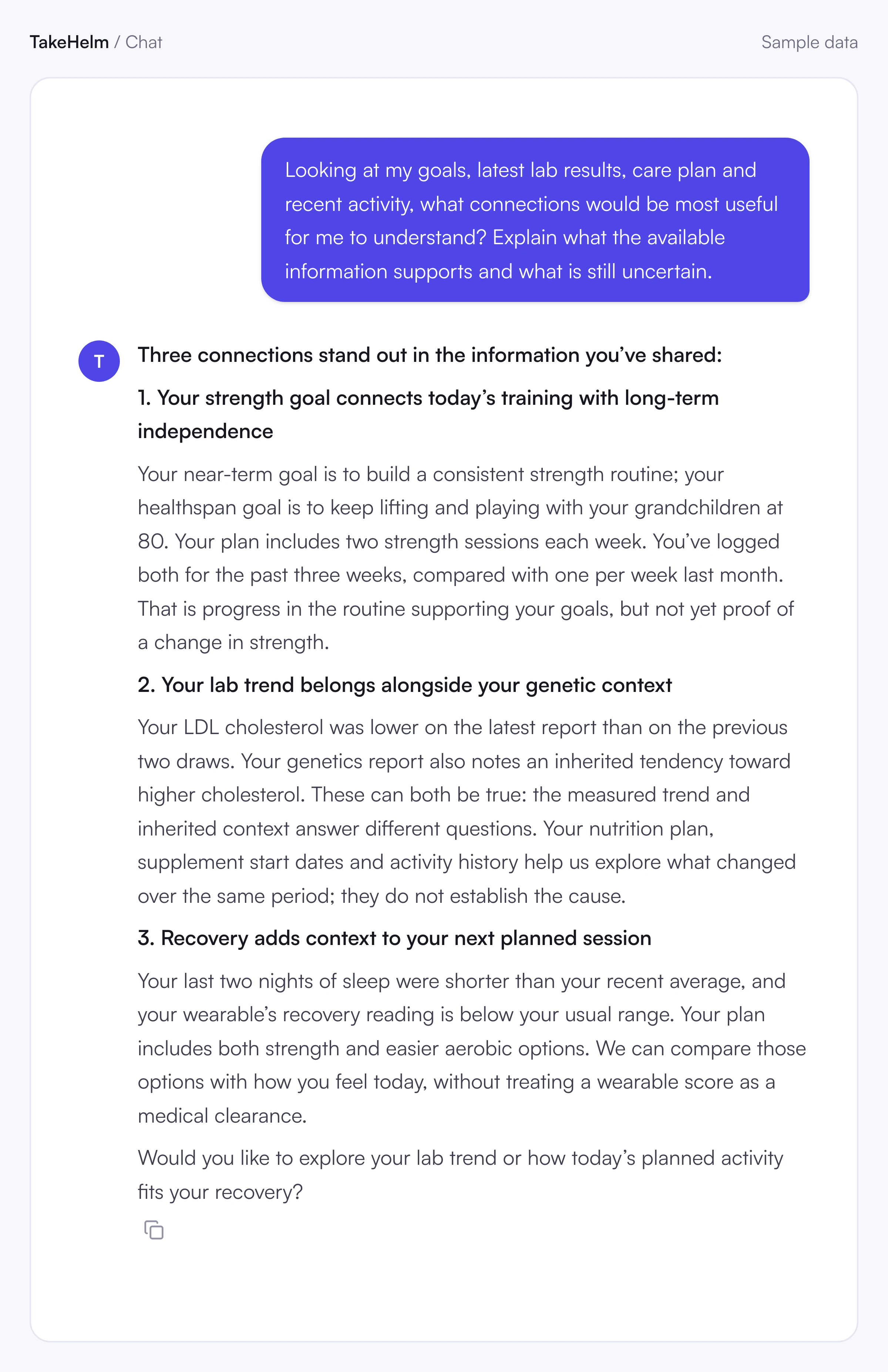 A TakeHelm chat, shown with sample data: an answer that connects the patient's goals, lab trend and recent recovery.