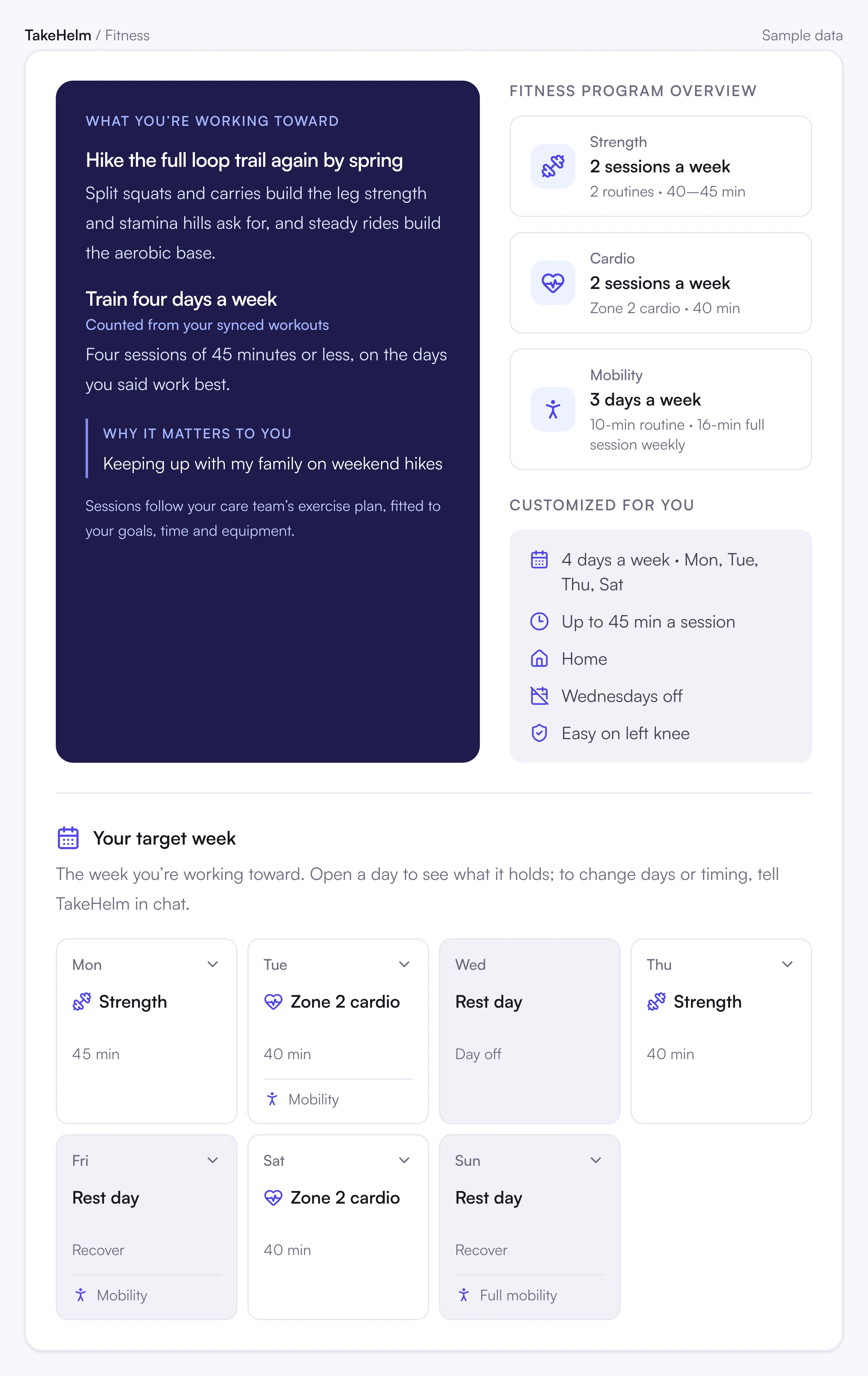 TakeHelm fitness, shown with sample data: a weekly exercise plan of strength, cardio and mobility built around the patient's goals, equipment and time.